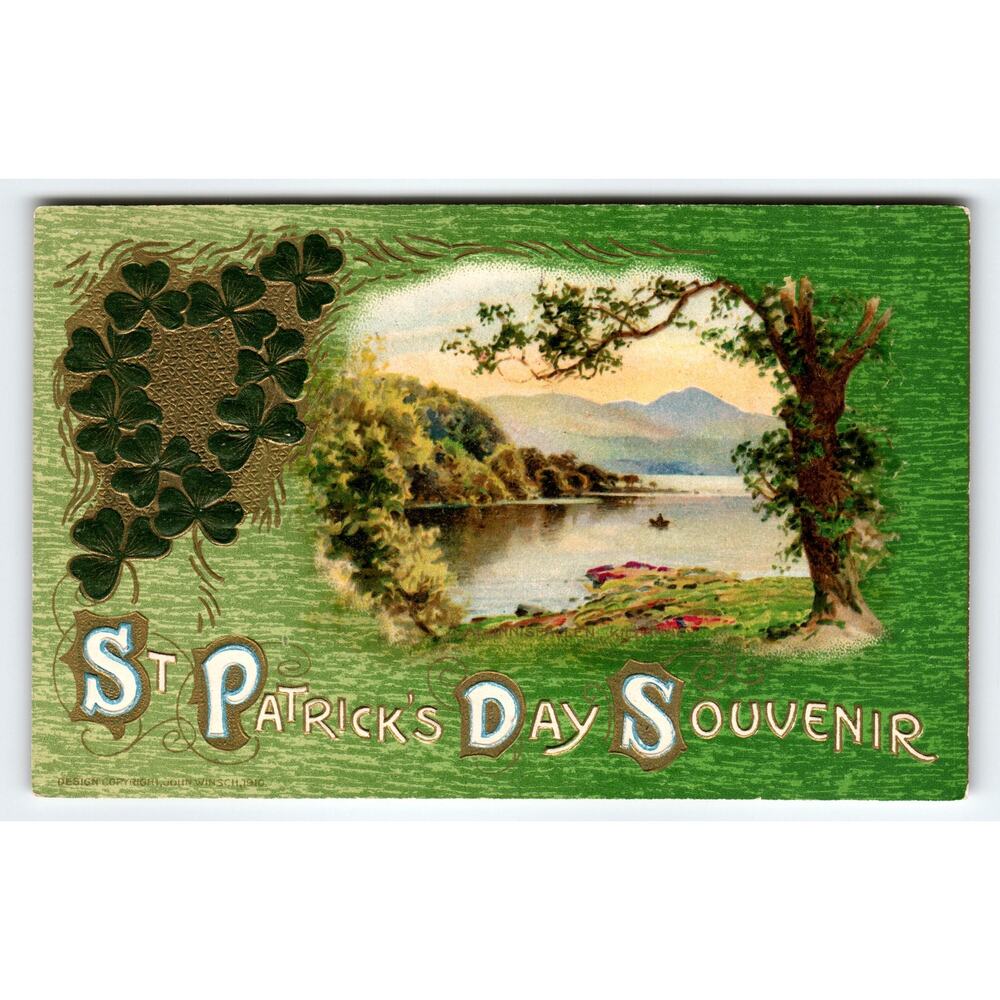 Vintage 1910 St. Patrick's Day Souvenir Lithograph Postcard Clover Design